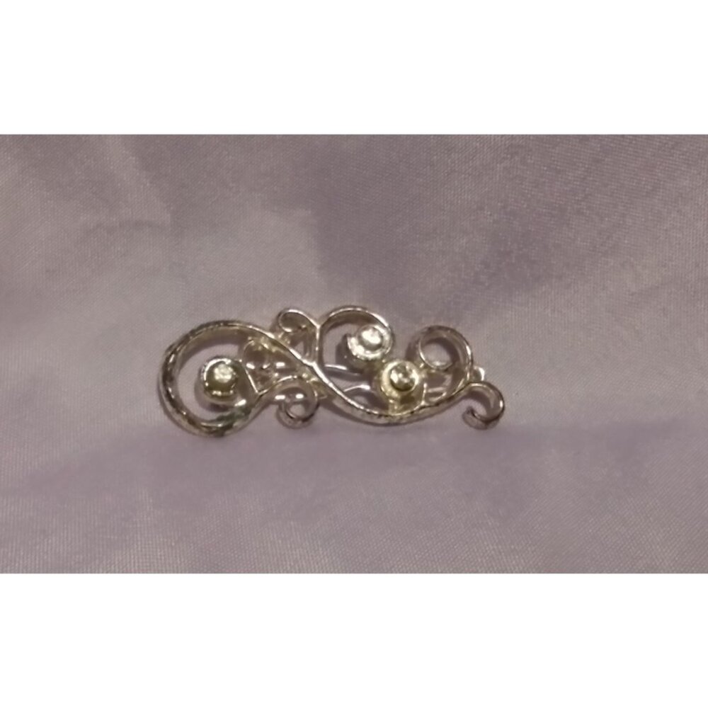Vintage Silver Tone Swirl Hair Barrette With Rhinestones Accent